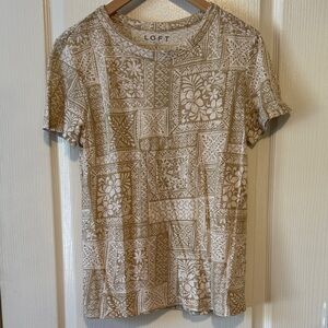 LOFT 100% Cotton Tan Floral Geometric Tee With Side Slits